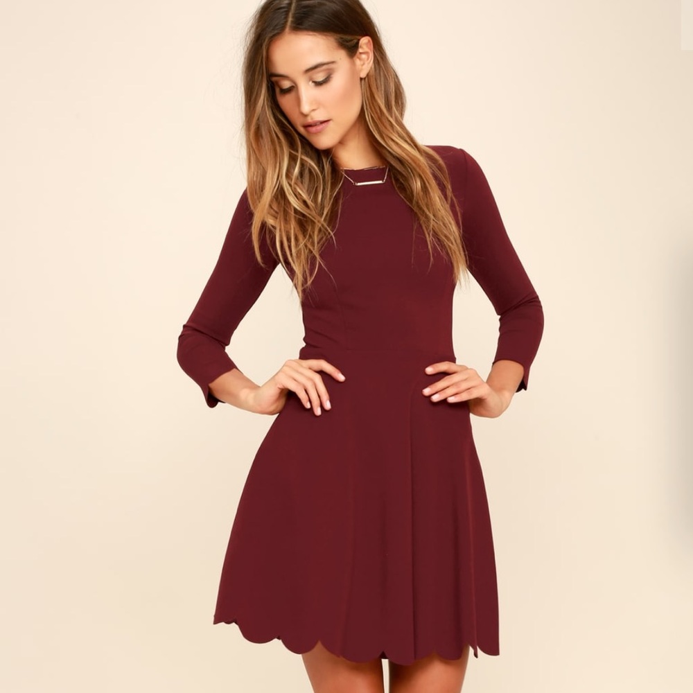 NWT LuLus Burgundy Skater Scalloped Dress